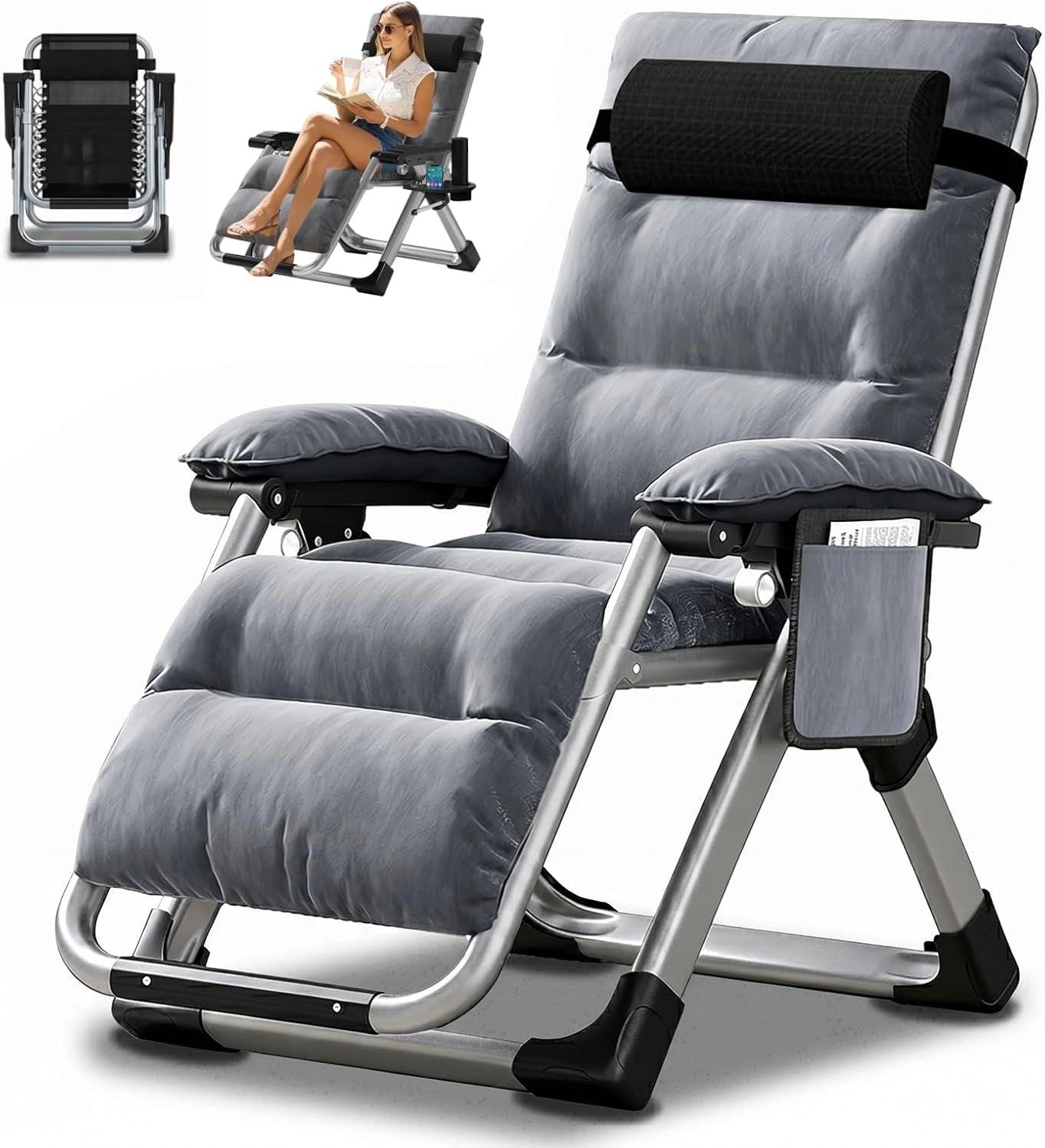 Zero gravity chaise longue pliable, capacité de charge de 200 kg chaise longue, avec coussins et porte-gobelets, les jardins et piscine