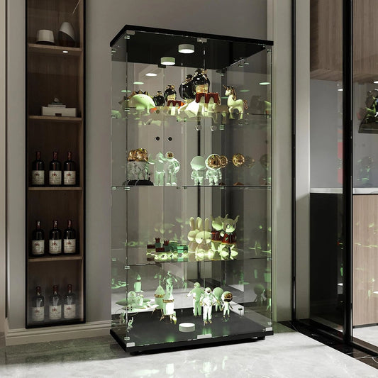 Vitrine en Verre avec LED, Noir, 2 Portes à Serrure, 4 Étagères et Fond Miroir, 164x80.5x36.5 cm, Armoire Vitrine pour Collection