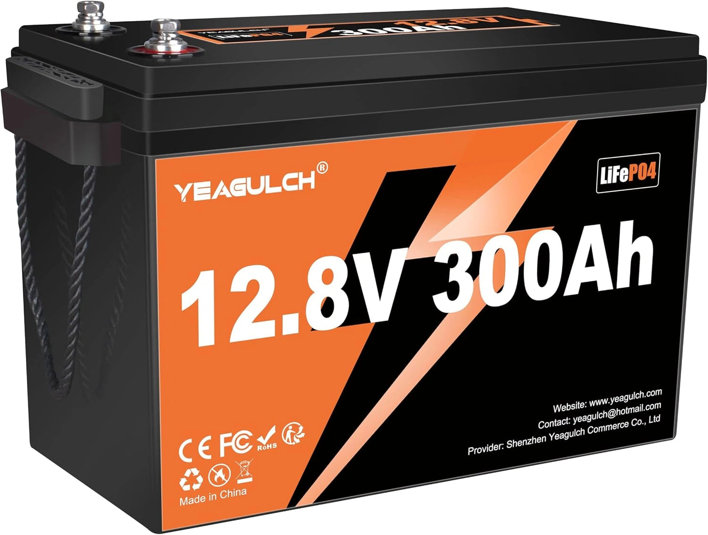 Yeagulch Batterie Lithium 12 V 300 Ah LiFePO4 BMS 200 A 15000 Cycles, Stockage Solaire, Hors Réseau