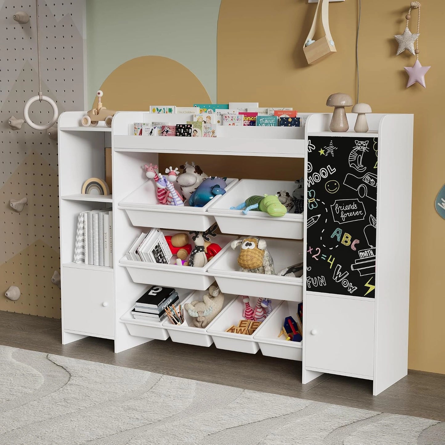 Meuble de Rangement Jouets Enfant Bibliothèque Enfant avec Tableau Noir