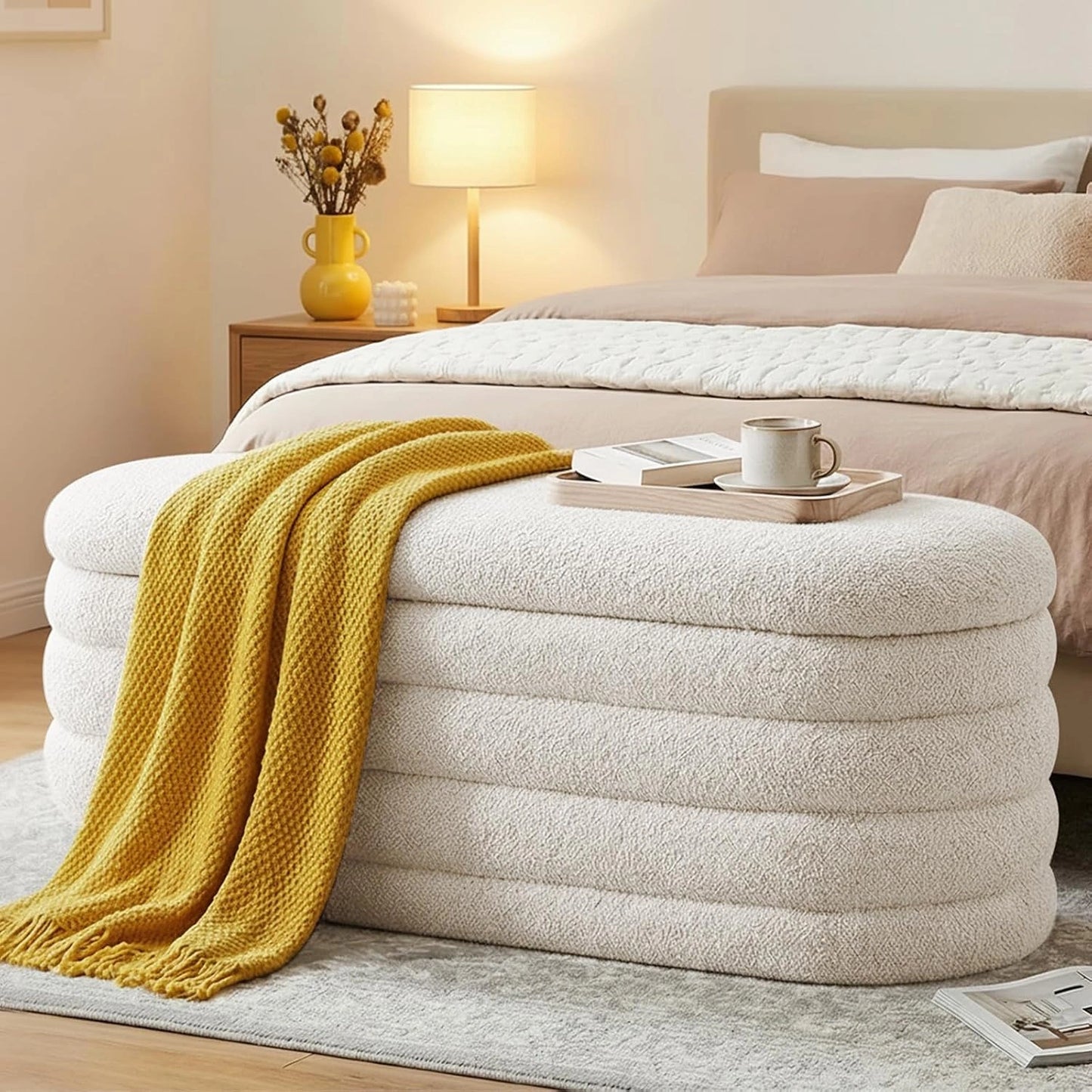 Banc Bout de lit Banquette, Blanc, Coffre de Rangement Ottomane Repose-Pieds Rembourré Pouf Pliable Banc de Chaussures 115 x 45 x 46 cm, Sherpa