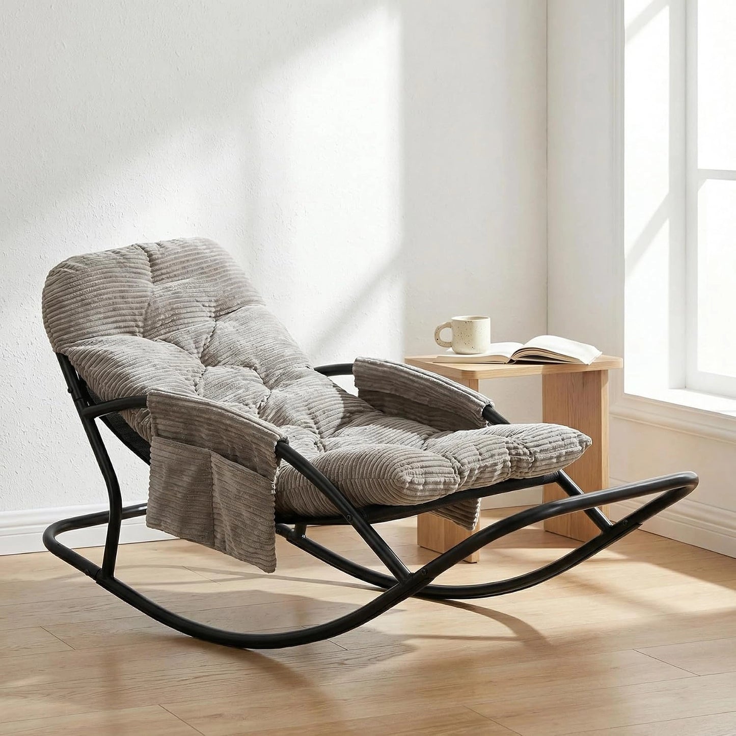 Fauteuil à Bascule Extérieur, capacité de Charge 120 kg, Rocking Chair Papasan avec Coussin et Cadre, Cadre en métal Soutien des Pas, pour Chambre
