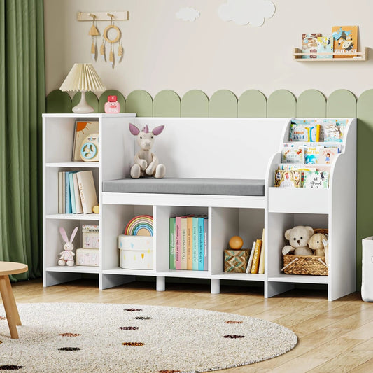 HOCSOK 138.5 cm Bibliothèque Enfants Banc, Blanc/Rose, Meuble Rangement Enfant, Meuble pour Chambre d'Enfant, Étagère