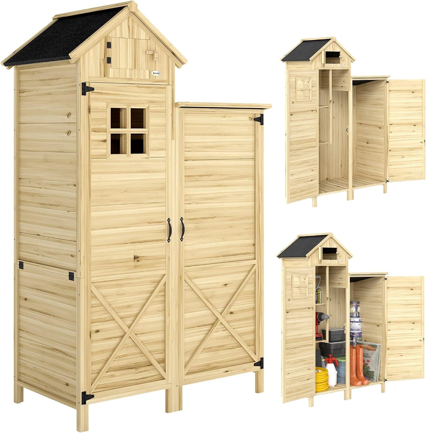 Outsunny Armoire de Jardin en Bois avec Toit en Asphalte Robuste Naturel, Abri de Jardin, Double Zone, Étagères Amovibles, Rangement Outils Jardin