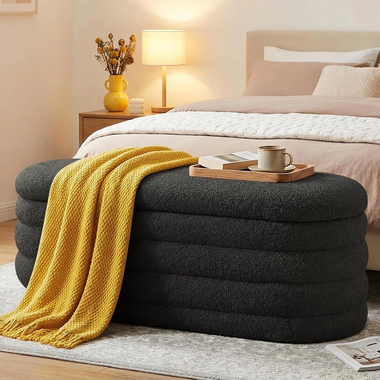 Banc Bout de lit Banquette, Noir, Coffre de Rangement Ottomane Repose-Pieds Rembourré Pouf Pliable Banc de Chaussures 115 x 45 x 46 cm, Sherpa