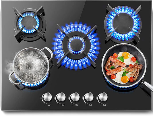 SNDOAS Plaque de Cuisson Gaz 5 Feux, Verre Trempé Noir, 70 cm, 10400 W, Table de Cuisson Encastrable, Conversion Gazs Naturel/Propane