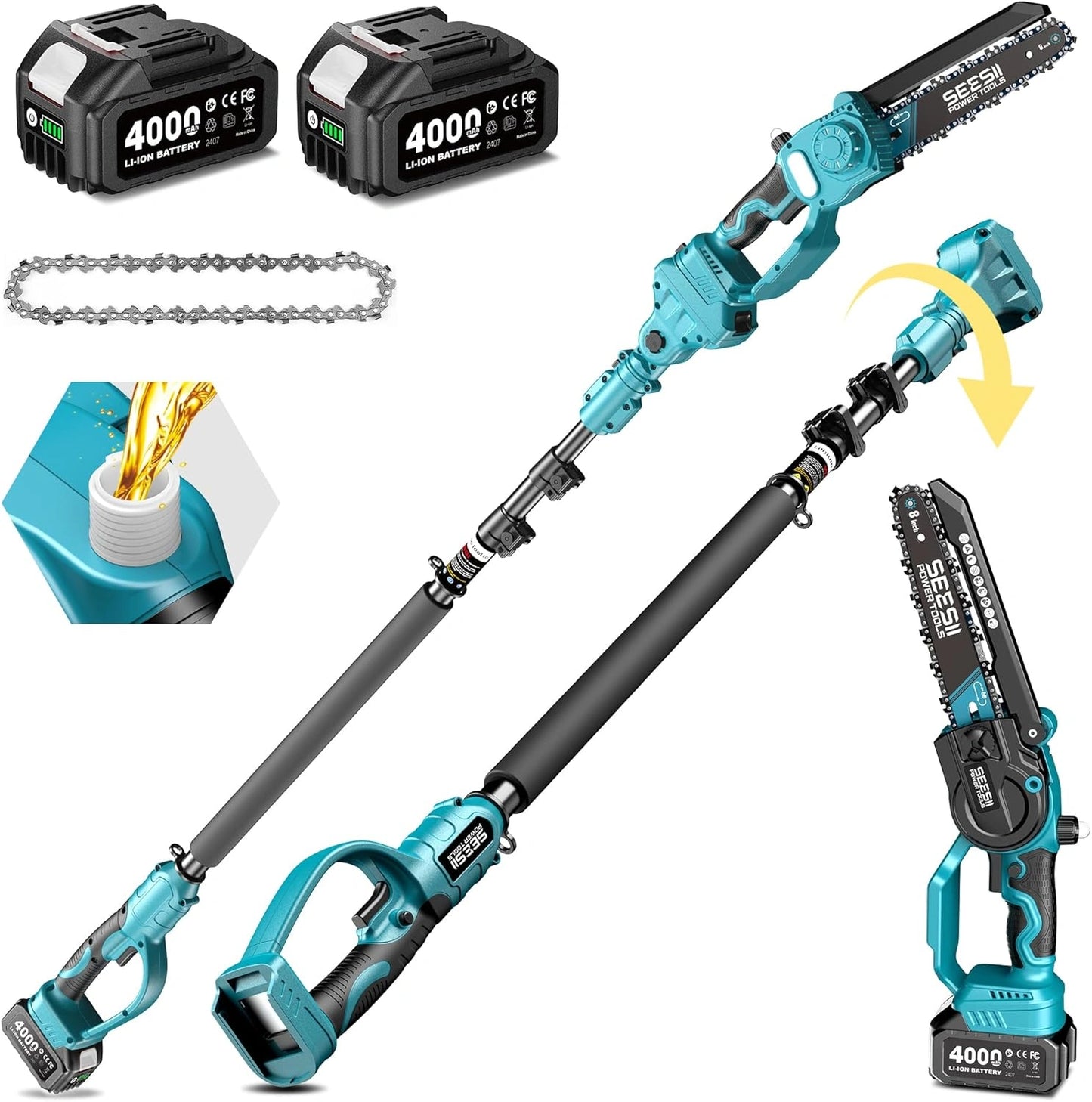 SEESII 2 en 1 8 Pouces Tronçonneuse télescopique et Mini tronçonneuse, Tronçonneuse sans Balais Electrique 2x 4000 mAh et Perche