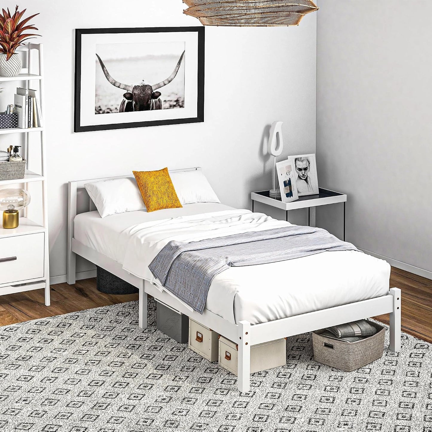 HOMCOM Cadre de Lit Bois Massif 90x190 cm Lit Simple Tête Intégrée Blanc, Sommier à Lattes Solide, pour Enfants Adultes