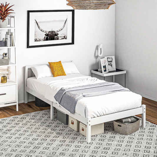 HOMCOM Cadre de Lit Bois Massif 90x190 cm Lit Simple Tête Intégrée Blanc, Sommier à Lattes Solide, pour Enfants Adultes