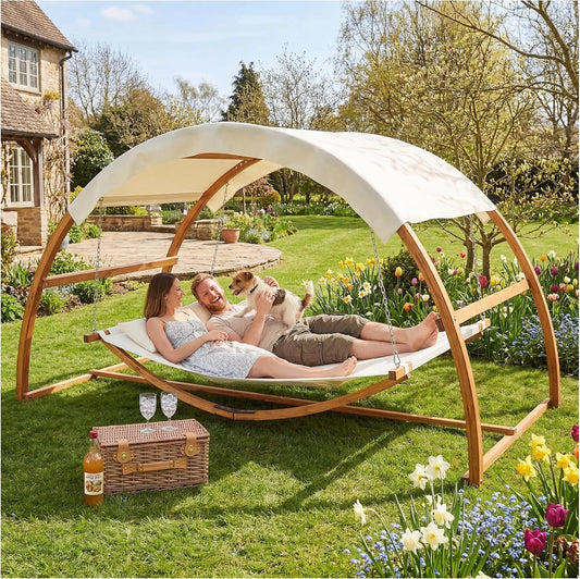 tectake Hamac sur Pied XXL Hamac 2 Places Coton avec Toit et Support en Bois 328 x 160 x 172 cm, Supporte jusqu'à 250 kg, Couchage 202 x 138 cm