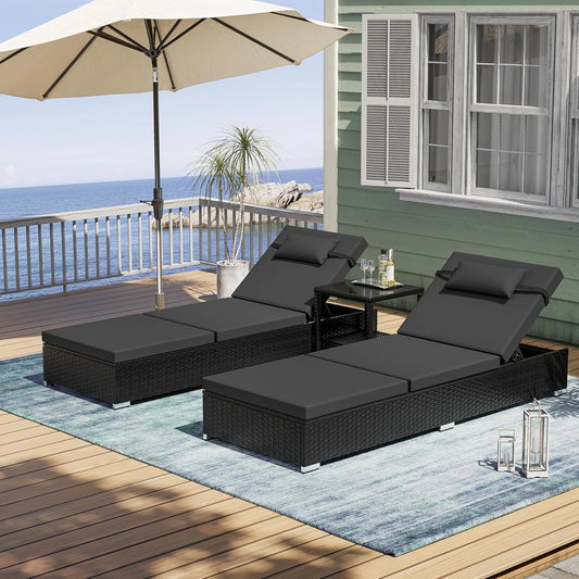 UDPATIO Lot de 2 Chaises Longues de Jardin avec Table, Rotin Noir et Coussin Gris, Bain de Soleil 5 Positions de Réglage, Charge 160 kg, pour Terrasse